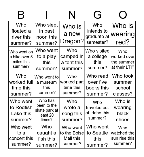 Dragons Back to School Bingo Card