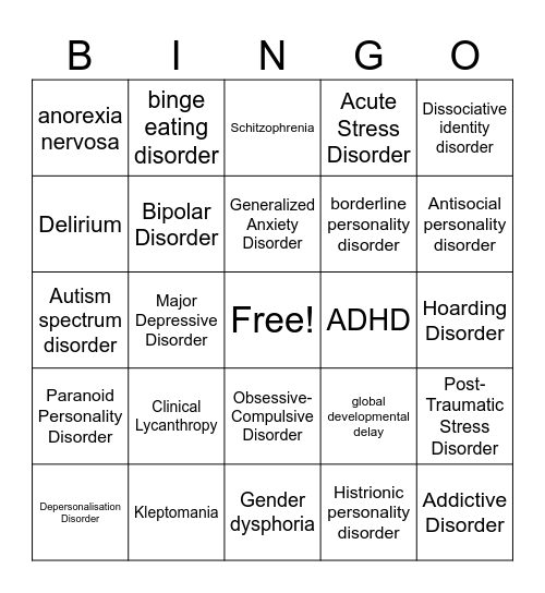 Psychopathology Bingo! Bingo Card