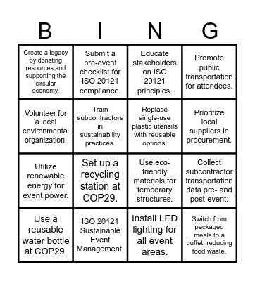 COP29 Sustainable Event Bingo Card