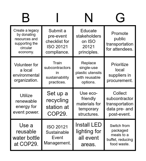 COP29 Sustainable Event Bingo Card