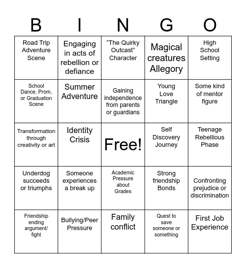 Coming of Age Bingo Card