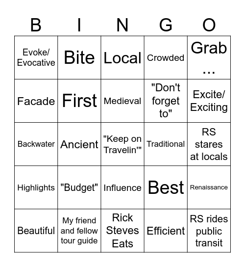 Rick Steves Bingo Card