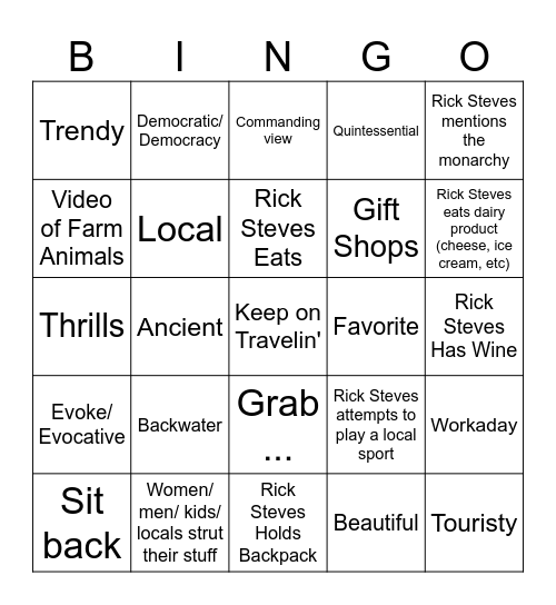 Rick Steves Bingo 2.0 Bingo Card