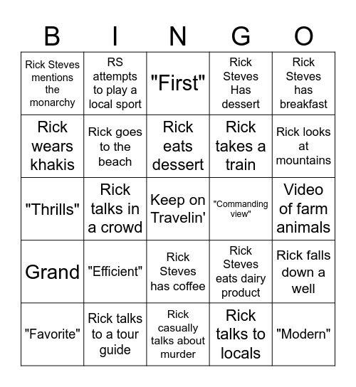 Rick Steves Bingo Card