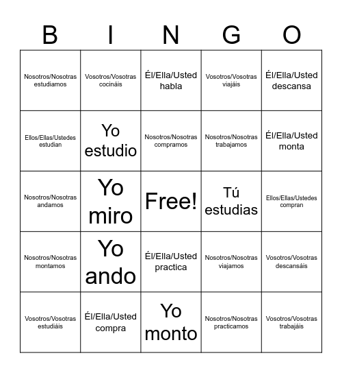 Ar Verb Bingo Card