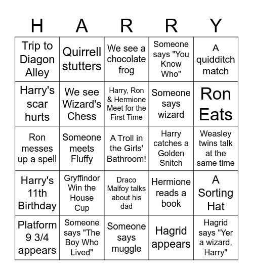 Harry Potter and The Philosopher's Stone Bingo Card