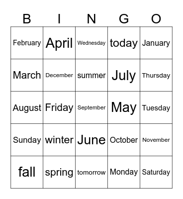 Days Months Seasons Bingo Card