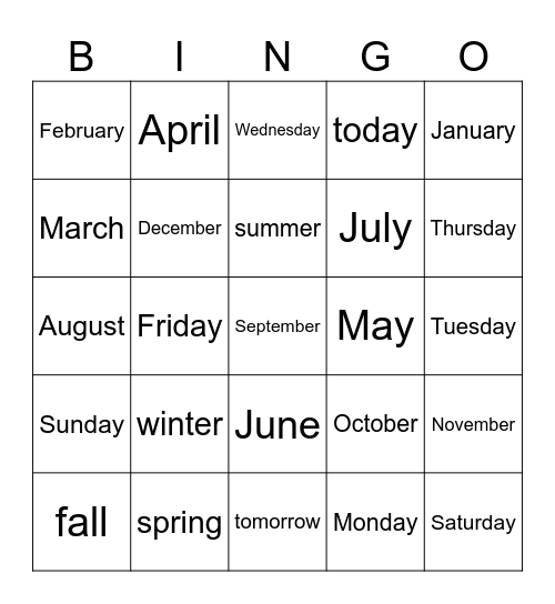 Days Months Seasons Bingo Card