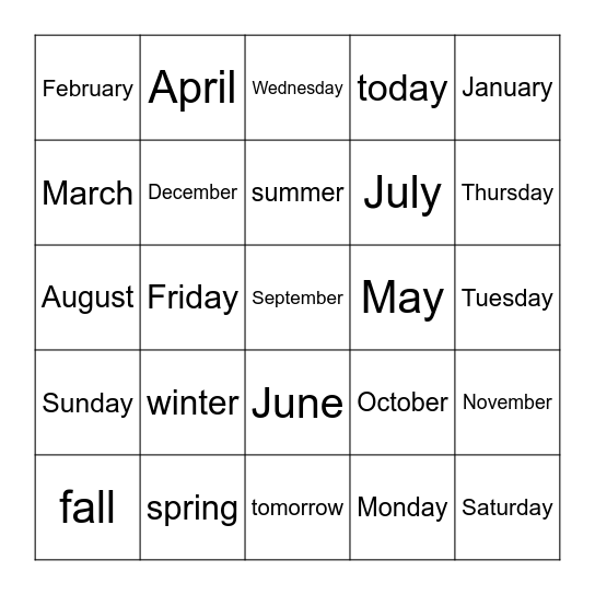 Days Months Seasons Bingo Card