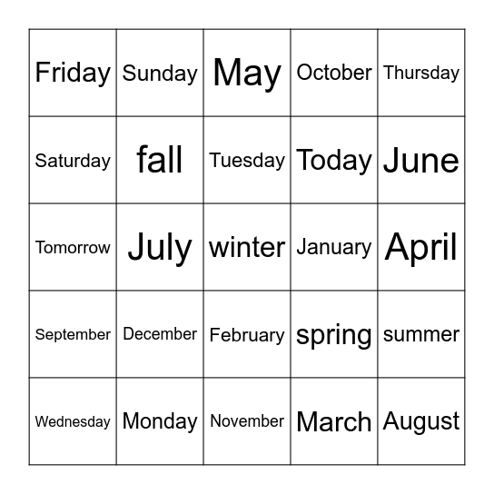 Days Months Seasons Bingo Card