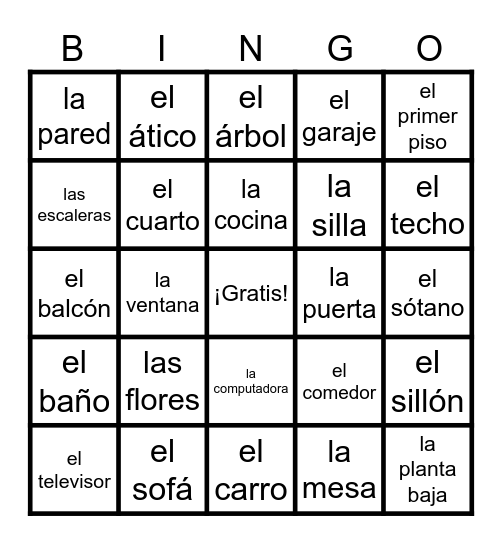 Spanish House Vocab Bingo Card