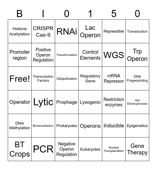 BIO 150 Unit 5 Review Bingo Card