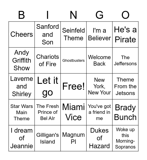 TV/ Movie Theme Songs Bingo Card
