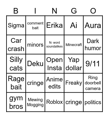 Instagram reel bingo Card