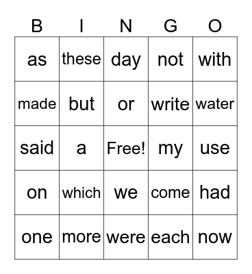 Sight Words 10 Bingo Card