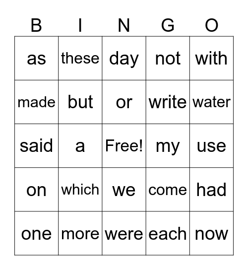 Sight Words 10 Bingo Card