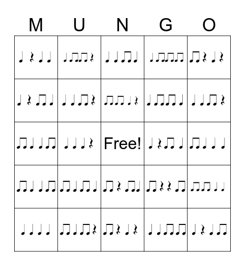 Rhythm Bingo: Quarter Note/Rest and Double-Eighth Notes Bingo Card