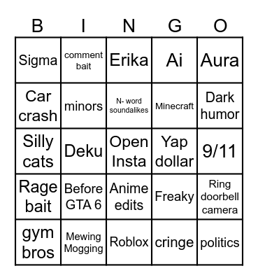 Instagram reel bingo Card
