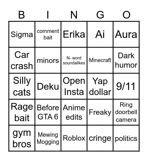 Instagram reel bingo Card