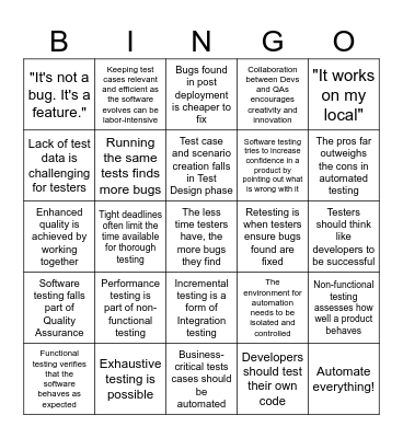 Software Testing BINGO Card