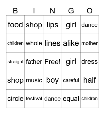 Sight Words Bingo Card