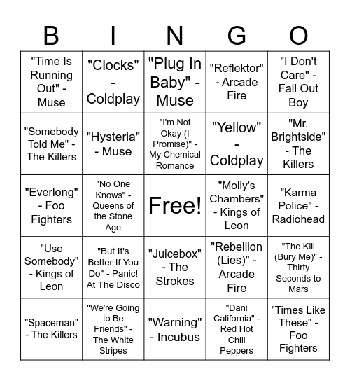 Alternative Rock Music Bingo Round #3 Bingo Card