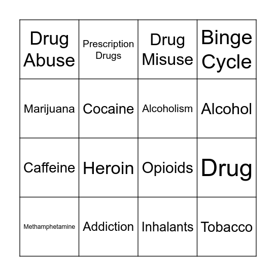 Addictive Behavior Bingo Card