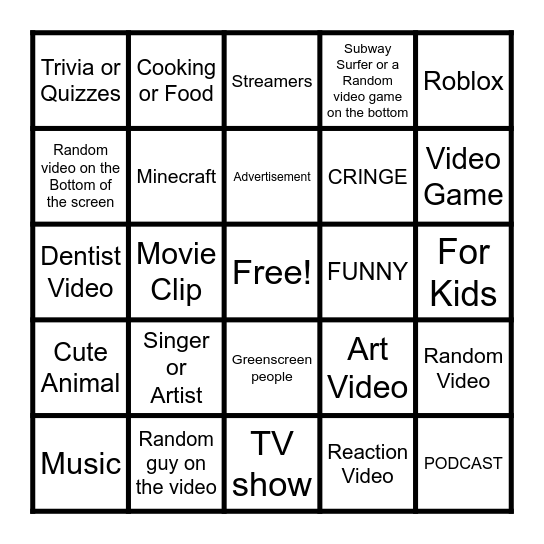 Youtube Bingo Card