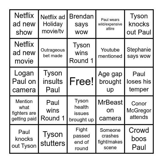 TYSON V JAKE PAUL Bingo Card