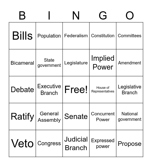 Legislative Branch Bingo Card