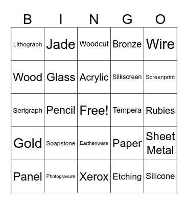 Art Gallery Bingo Card