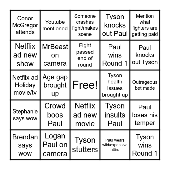 TYSON V JAKE PAUL Bingo Card