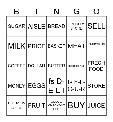 Unit 3: Topic 1: Shopping (Basic and Grocery Items) Bingo Card