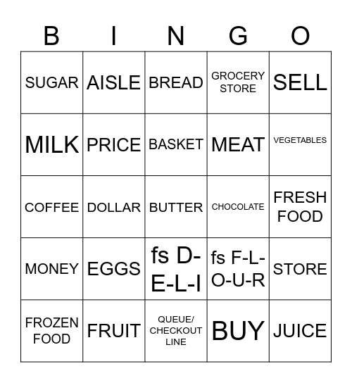 Unit 3: Topic 1: Shopping (Basic and Grocery Items) Bingo Card