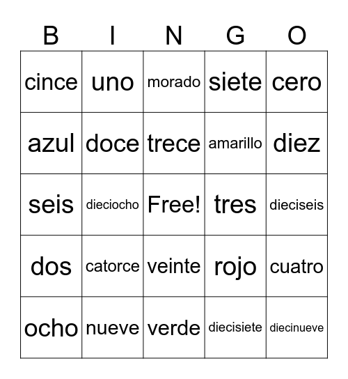 Los Colores & Numeros Bingo Card