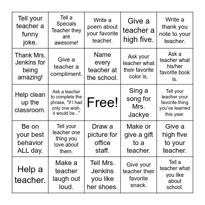 We Love Our Teachers! Bingo Card
