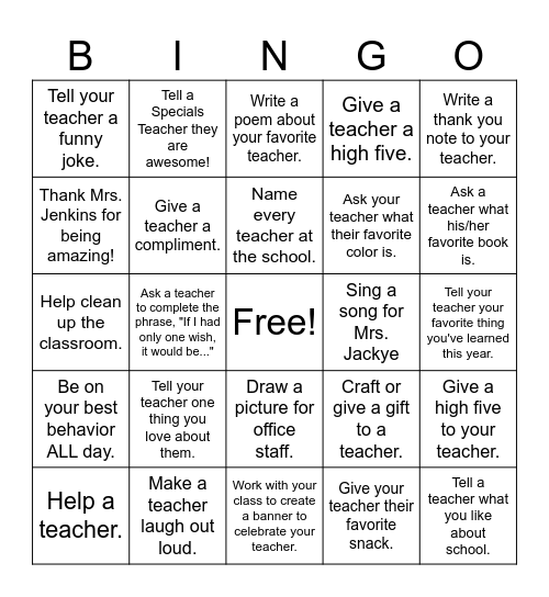 We Love Our Teachers! Bingo Card