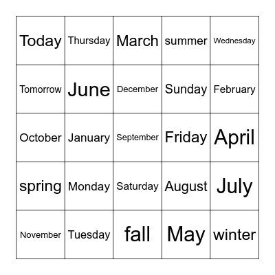 Days Months Seasons Bingo Card