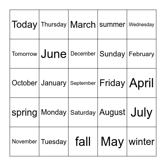 Days Months Seasons Bingo Card