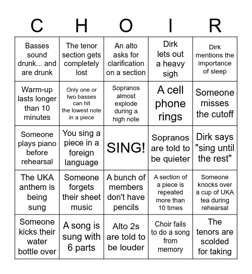 Choir Rehearsal Bingo Card