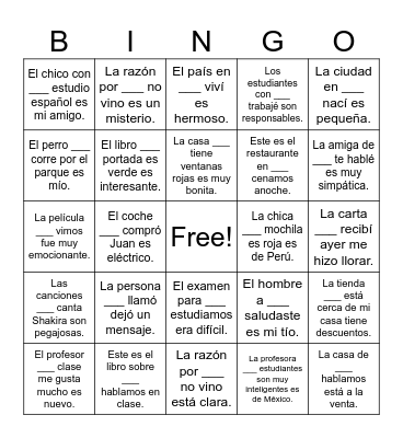 Spanish Relative Pronouns Bingo Card