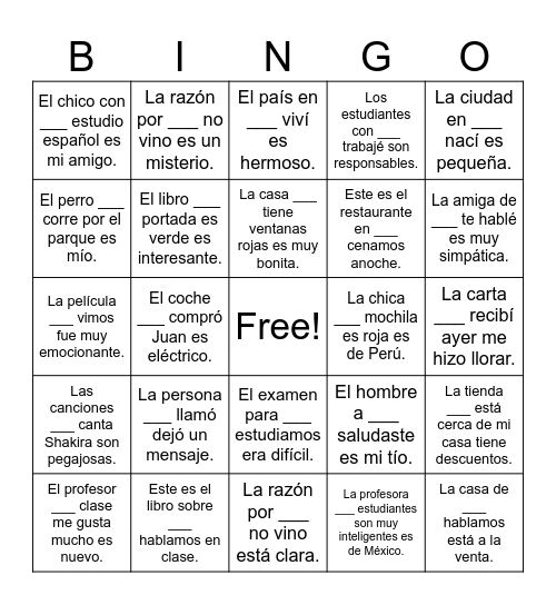 Spanish Relative Pronouns Bingo Card