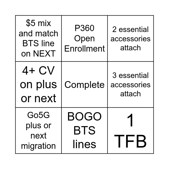 511G Sales Contest Bingo Card