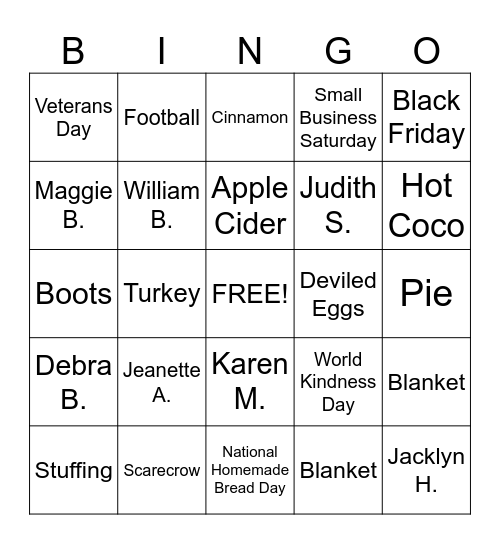 NOVEMBER BIRTHDAY BINGO Card
