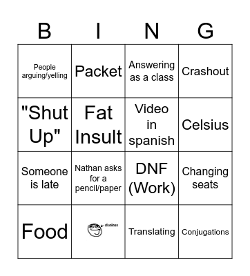 2nd Period Spanish Class Bingo Card