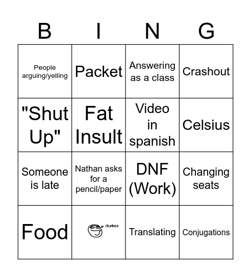 2nd Period Spanish Class Bingo Card