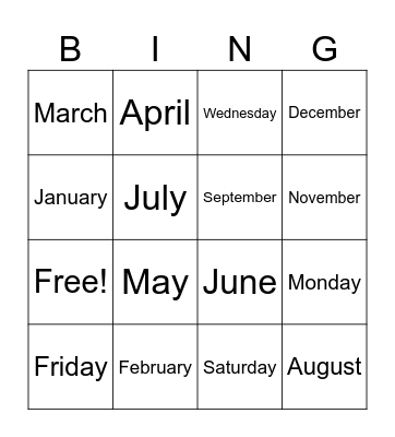 DAYS / MONTHS Bingo Card