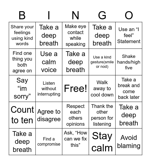 Conflict and Resolution Bingo Card