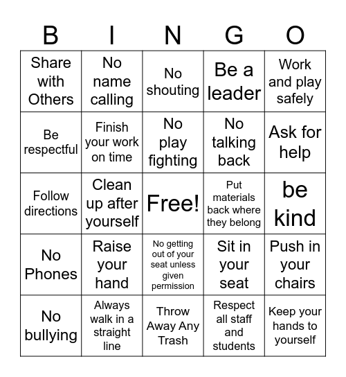 Classroom Rules Bingo Card