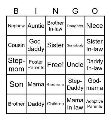 Family Members Bingo Card